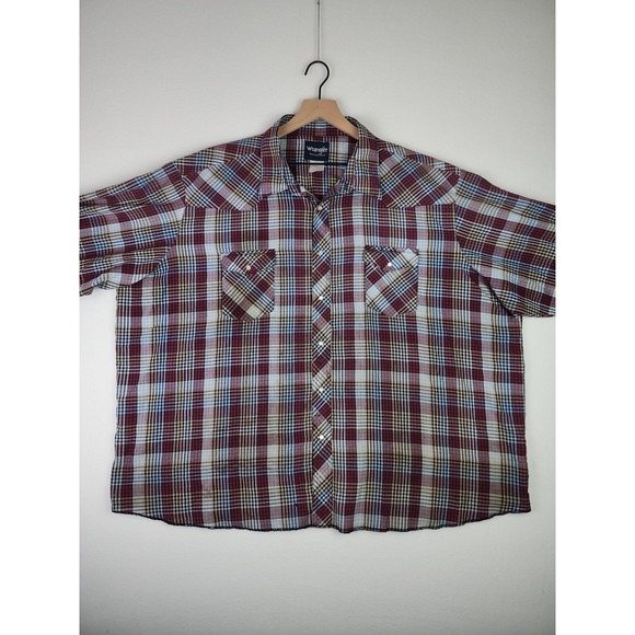 Wrangler Long Sleeve Shirt Mens Size 2XL Pearl Snap Red/Blue Plaid Distressed - Picture 1 of 16